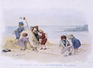 子供の遊び：砂の城を作る子供たち-デッス・ド・ロブリション、フォスファティンファリエール編、v.1920 作： Timoleon Marie Lobrichon