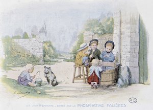 子供の遊び：バケツで釣りをする遊び-デス・ド・ロブリション、フォスファティンファリエス編、v.1920 作： Timoleon Marie Lobrichon
