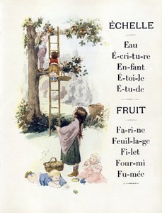 オレンジを焼く子供を表すEとFの文字 19世紀後半（クロモリトグラフ 作： Timoleon Marie Lobrichon
