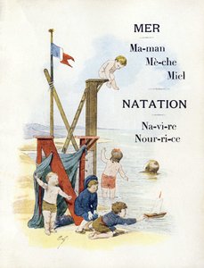 海辺の子供たちを表すMとNの文字 19世紀後半（クロモリトグラフ 作： Timoleon Marie Lobrichon