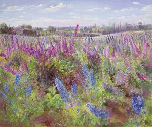 デルフィニウム畑と教会 作： Timothy Easton