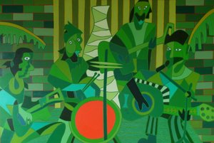 フランスの朱色の太鼓、2012年、油彩、キャンバス 作： Timothy Nathan Joel
