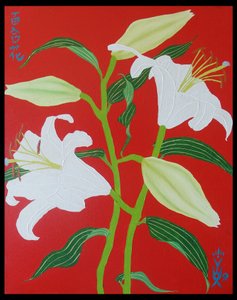 赤地に白百合 no.1, 2008, 油彩・キャンバス