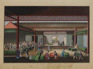 お茶を量り、購入する1860年頃（紙に水彩画） 作： ティンクア