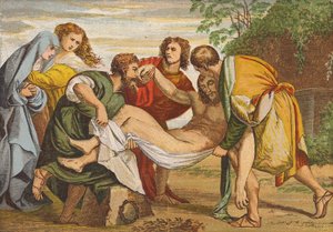 自分の墓にイエスの遺体を横たえるアリマタヤのヨセフ（カラーリトグラフ） 作： Titian (c.1488 1576) (after)