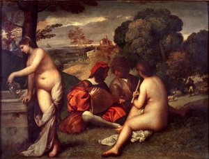 田園の奏楽、c 1509（帆布に油彩） 作： Titian (c.1488 1576) (attr. to)