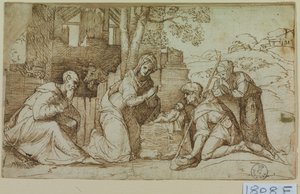 羊飼いの礼拝 （紙にペン・インク） 作： Titian (c.1488 1576)