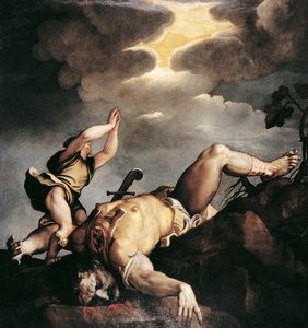 イタリア、ヴェネツィア、サンタ・マリア・デッラ・サルーテ教会、ダビデとゴリアテ 作： Titian (c.1488 1576)