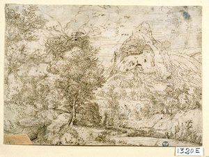 鳥の飛ぶ風景（紙にインク） 作： Titian (c.1488 1576)