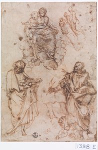 雲の上に座る聖母子と聖人または使徒たち（紙にペン・インク） 作： Titian (c.1488 1576)