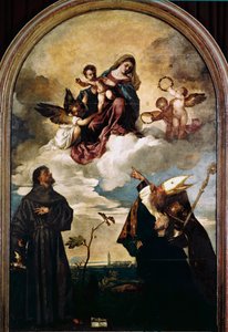 栄光の聖母と子、聖フランチェスコとアルヴィーズ、寄贈者ルイジ・ゴッツィ 作： Titian (c.1488 1576)