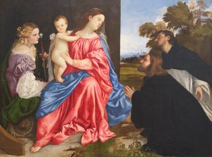 Pyhä keskustelu pyhien Katariinan ja Dominikin kanssa sekä lahjoittaja, n. 1533 (öljy kankaalle) 作： Titian (c.1488 1576)
