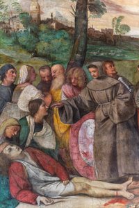 若い男に足を再び取り付ける聖アンソニー、聖者の学校、2197268の詳細（フレスコ画） 作： Titian (c.1488 1576)