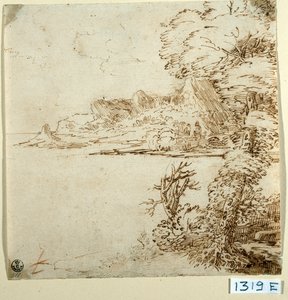 山間の海岸の眺め（紙にインク） 作： Titian (c.1488 1576)