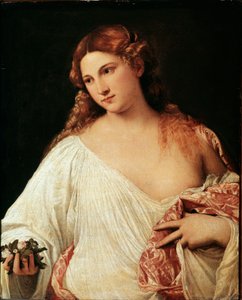 フローラ（Flora） ティツィアーノ・ヴェチェッリオが「ティツィアーノ」と呼んだ絵画、1515年頃。油彩・キャンバス ディム 64x80cmウフィツィ美術館（Uffizi）、フィレンツェ 作： Tiziano Vecelli