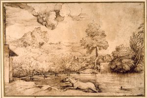 風景：大蛇に追われる乗り物のない馬（クリーム色の紙にペンと茶色のインク 作： Titian (c.1488 1576)