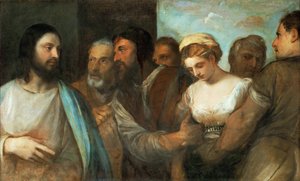 Le Christ et la femme adultere - キリストと姦通された女」ティツィアーノ（1488-1576）作。1520年頃、キャンバスに油彩。サイズ：82,5x136,5 cm。美術史博物館、ヴィエンヌ
