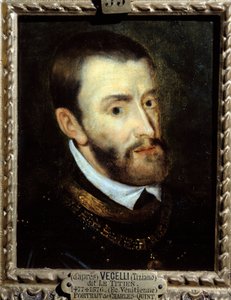 皇帝シャルル5世（1500-1558）の肖像 アウグスティン・ケスネル（1595-1661）がティツィアーノ・ヴェチェッリオ（1485-1576）の後に描いたもので、16世紀の作品です。シャンティイ、コンデ美術館（Musee Conde