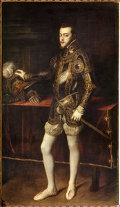 シャルル5世の息子、フィリップ2世（1527-1598）の24歳の時の肖像。ティツィアーノ・ヴェチェッリオが描いたもので、ティツィアーノ（1485-1576）と呼ばれています。