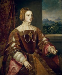 ポルトガル王女イザベラ（1503-1539）の肖像 ティツィアーノ・ヴェチェッリオが描いたティツィアーノ（1485-1576）の肖像 1548年 日1,17x0,98 m マドリッド、プラド美術館 作： Tiziano Vecelli