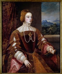 ポルトガル印象派イザベラ（1503-1539）の肖像 ティツィアーノ・ヴェチェッリオ（1485-1576）の絵画 16世紀 日1,17x0,98 m マドリード、プラド美術館 作： Tiziano Vecelli