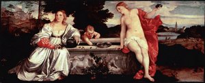 聖なる愛と俗なる愛 ティツィアーノ・ヴェチェッリオ（1490-1576）による絵画 ティツィアーノ（1490-1576）による絵画 1515年頃 Sun.118x279 cm ローマ、ボルゲーゼ美術館 - 聖なる愛と俗なる愛 - ティツィアーノ・ヴェチェッリオ、ティツィアーノと呼ばれる人物（1498-1576年頃）の絵画、油彩、カンヴァス、1515年頃（118x279 作： Tiziano Vecelli