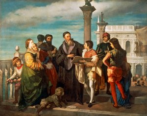 アントニオ・ゾーナ（1814-1842）による「パリア橋でのティツィアーノ（1488-1576）と若きヴェロネーゼ（1528-88）の出会い」、油彩・カンヴァス 作： Titian (c.1488 1576)