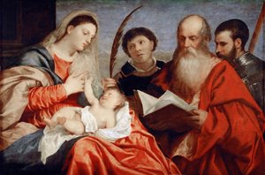 聖母子と聖人ステファノ、ジェローム、マウリッツ - ティツィアーノ（1488-1576）。木に油彩、1520年頃。サイズ：92.7x138 cmヴィエンヌ美術史博物館 作： Titian (c.1488 1576)