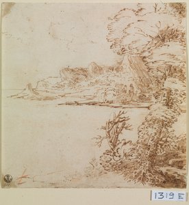 山間の海岸の眺め（紙にインク） 作： Titian (c.1488 1576)