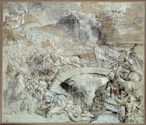イタリアの戦争"The Battle of Cadore" 1508年頃、ピエーヴェ・ディ・カドーレの町がハプスブルク家のマクシミリアン1世の軍隊とヴェネツィアと同盟した戦い。ティツィアーノ・ヴェチェッリオ（1485-1576）による黒石と水洗いによるデッサン、ティツィアーノと呼ばれる。16日 作： Tiziano Vecelli