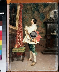 "Before a Portrait" (肖像画の前) 17 世紀の銃士の制服を着た男が、絵画を鑑賞している (彼自身の肖像画) ティト コンティ (1842-1924) の絵画 ミハイル クロシツキー美術館、セヴァストポリ (セヴァストポリ) ウクライナ 作： Tito Conti
