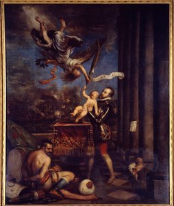 レパンテの勝利（1571年）の後、フィリップ2世は王子ドン・フェルディナンドを天に差し出した。ティツィアーノ・ヴェチェッリオ（1485-1576）による絵画。キャンバスに油彩。寸法：3,35 X 2,74m。マドリード、プラド美術館。 作： Tiziano Vecelli