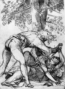 Scuola Del Santoの嫉妬深い夫のためのスケッチ、c1510、1937 作： Tiziano Vecelli