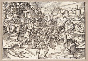 ファルスカンの若者たちは裏切り者の教師を鞭で打つ 作： Tobias Stimmer