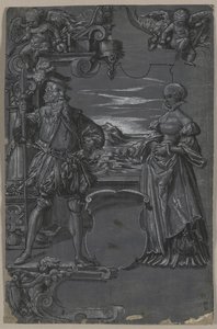 ガラス絵画のデザイン：建築環境における男性と女性、1500年代後半。 作： Tobias Stimmer