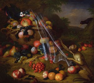 風景の中のサル、オウム、ジェイ、2つのフィンチとの混合フルーツ 作： Tobias Stranover