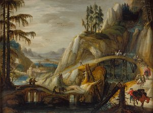 アルプスの風景の中の旅人（パネルに油彩） 作： Tobias Verhaecht