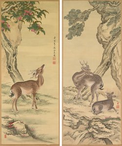 長寿のシンボル：桃と松の下の鹿 作： Toda Tadanaka
