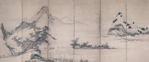 湖畔の橋の旅人（紙にインクとカラー、六面屏風） 作： Toetsu Toetsu