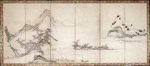 Travellers on a lakeside bridge, c.1700 (ink & colour on paper)   1450058   ja       japanese Successfully Translated  Original: Lamentation of Christ, Altarpiece of the Guild of the Joiners, centre panel (oil on panel) Translat: Lamentation of Christ, Alt 作： Toetsu Toetsu