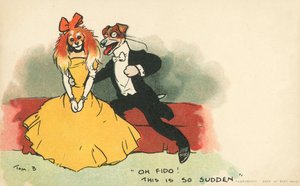 ロマンチックなカップルに扮した犬たち（カラーリトグラフ 作： Tom Browne