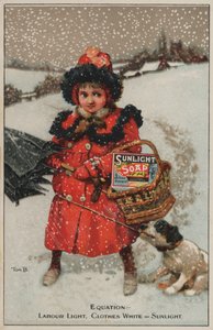 雪の中を歩いて帰る少女：サンライト石鹸の広告（クロモリト 作： Tom Browne