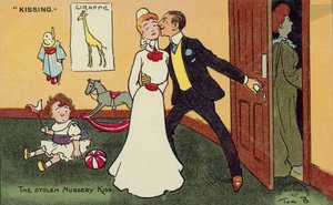 彼の子供の乳母にキスをする男性 作： Tom Browne