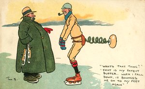 アイススケートで転んだ時に足を戻す装置を持った男性（カラーリトグラフ 作： Tom Browne