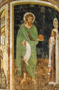 聖アグネスと洗礼者ヨハネ、トンマーゾ・ダ・モデナ（1325または1326-1379年以前）が装飾した柱の細部、イタリア、トレヴィーゾの聖ニコラス教会のフレスコ画 作： Tomaso da (late 15th century) Modena
