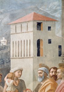 聖ペテロ教会の共通品を配布し、アナニアの死、背景建築の詳細、c.1427フレスコ画も参照57194、63321および63322 作： Tommaso Masaccio