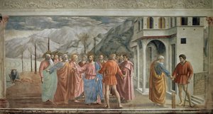 貢ぎ物のお金 - Le paiment du tribut（貢ぎ物） - Tommaso di ser Giovanni di Mone Cassai dit Masaccio（1401-1428）によるフレスコ画、254.5x598.3 cm 作： Tommaso Masaccio