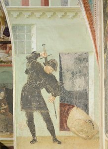 洗礼者ヨハネのライフサイクル：洗礼者ヨハネの首をはねようとする兵士 作： Tommaso Masolino da Panicale