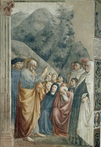 聖ペテロの説教 - Tommaso di Cristoforo Fini dit Masolino da Panicale（1383-1440年頃）によるフレスコ画、255x162cm、1425年頃。フィレンツェ、サンタ・マリア・デル・カルミネ教会、ブランカッチ・チャペル
