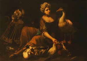 かごにいる猫、ガチョウ、アヒル、その他の鳥とおんどりに餌をやる少女 作： Tommaso Salini